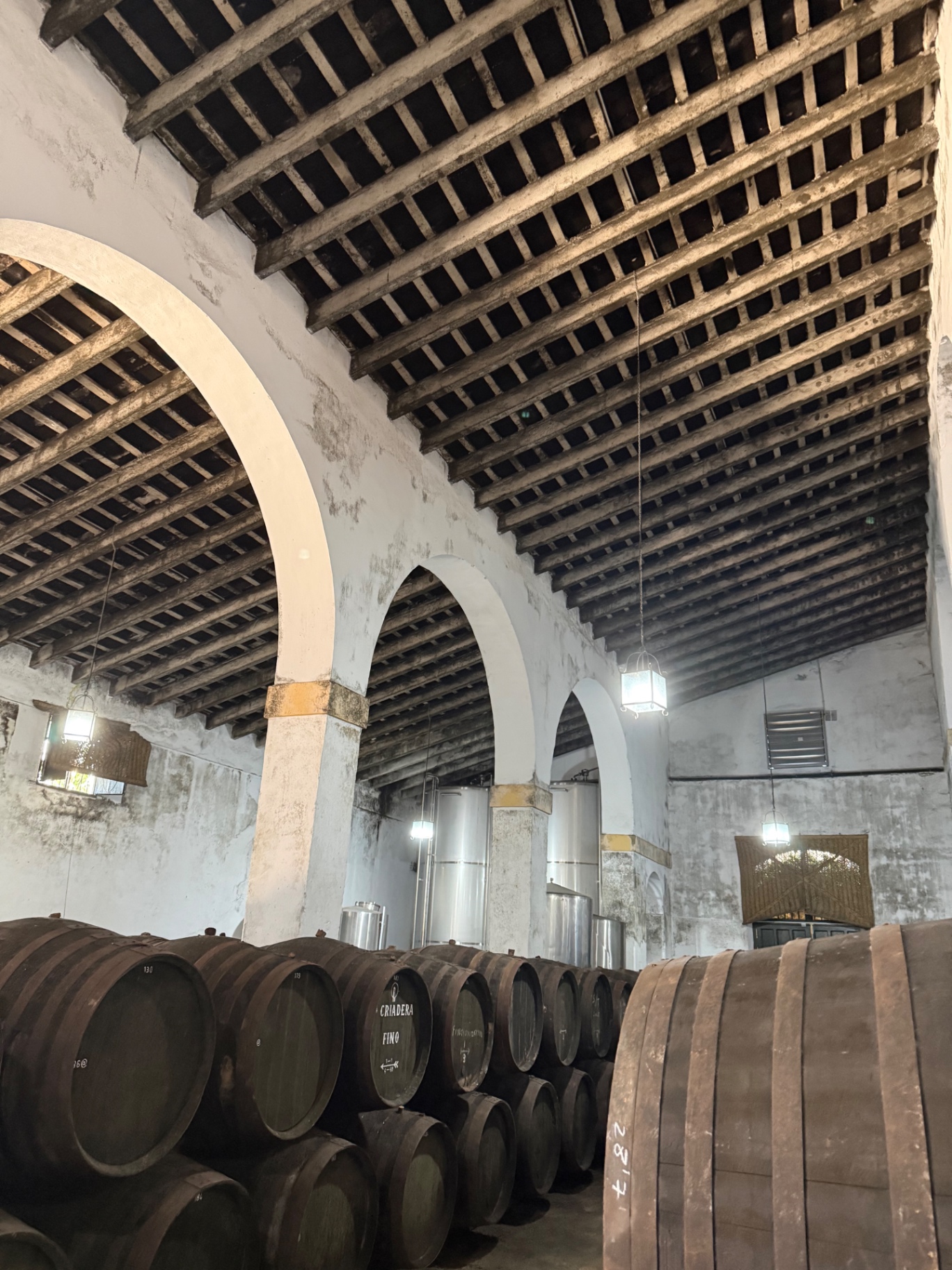 Wine cellar with arches and oak barrels
