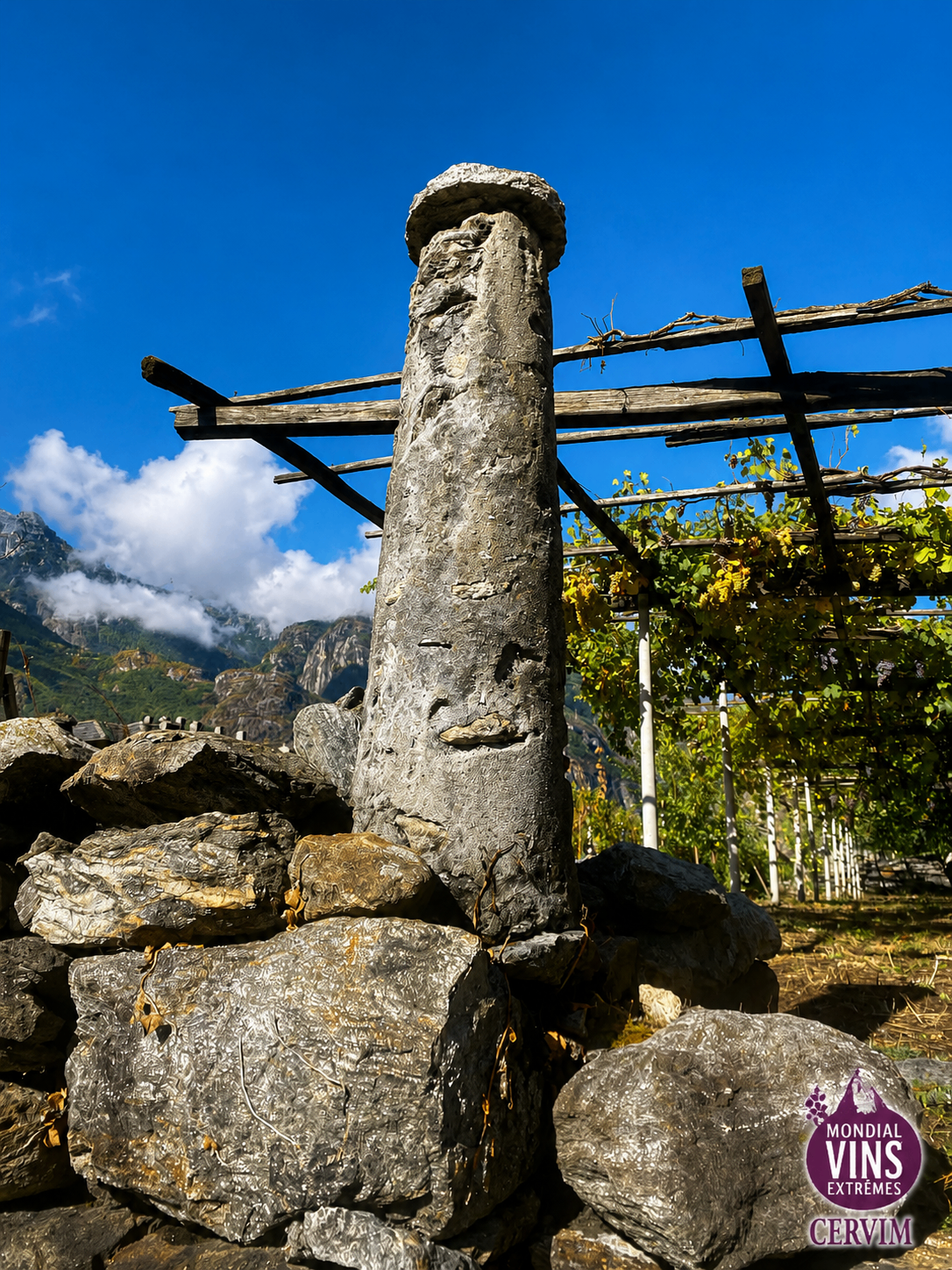 Stone pillar and vine pergola overlooking the mountains