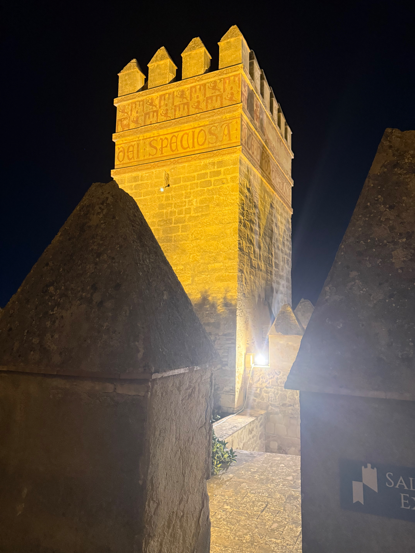 Golden-lit Alcázar tower between stone turrets