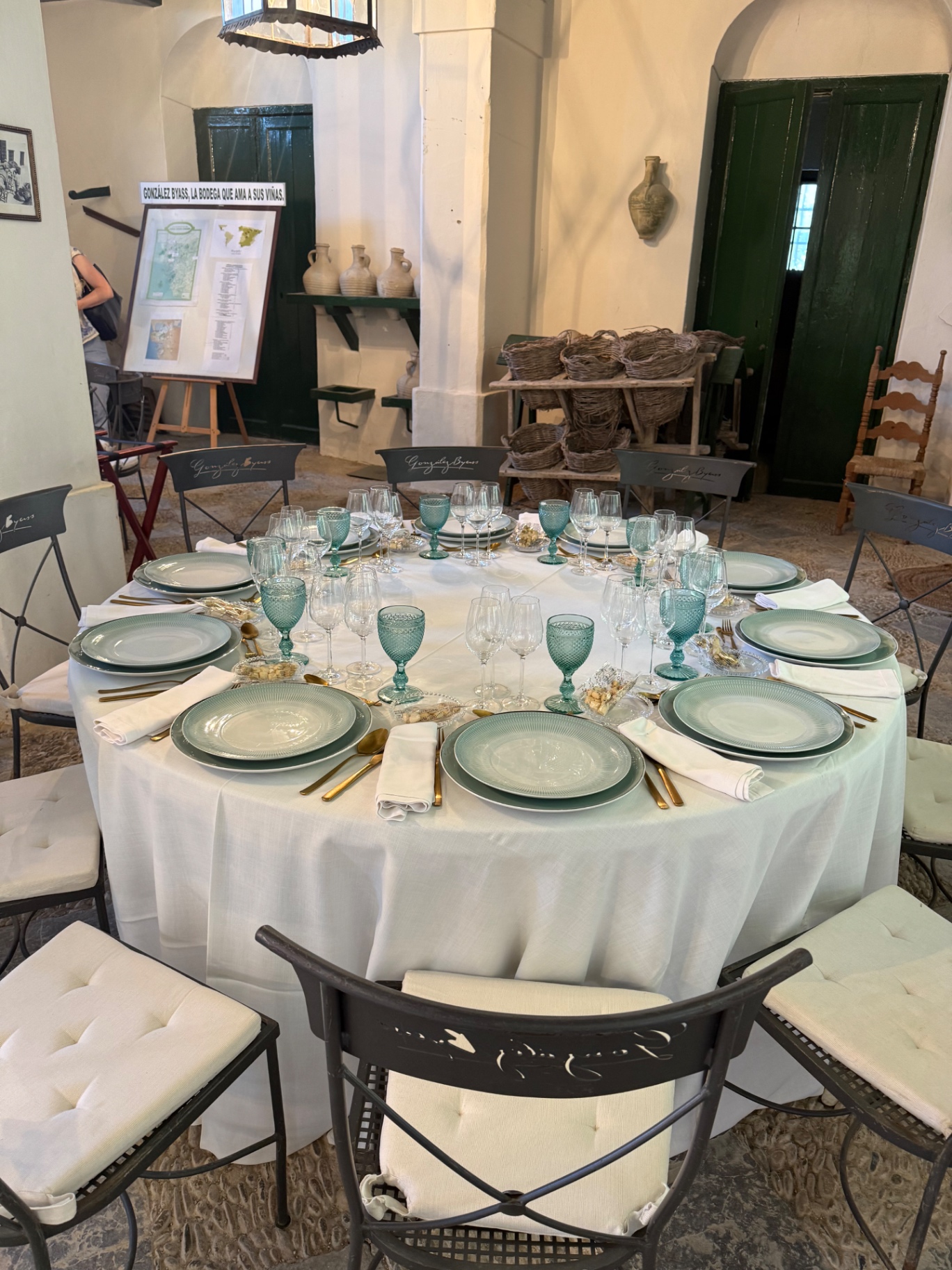 Table set with teal glassware and gold cutlery